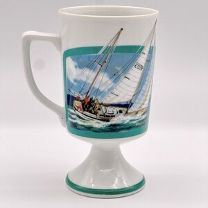 HTF‎ Sailboat Irish Coffee Cup Footed Coffee Mug Boat Coastal Ocean Sea Scene